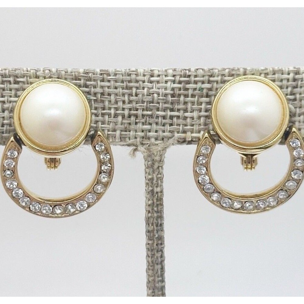 Vintage Monet Gold Tone Pearl Rhinestone Door Knocker Clip on Earrings